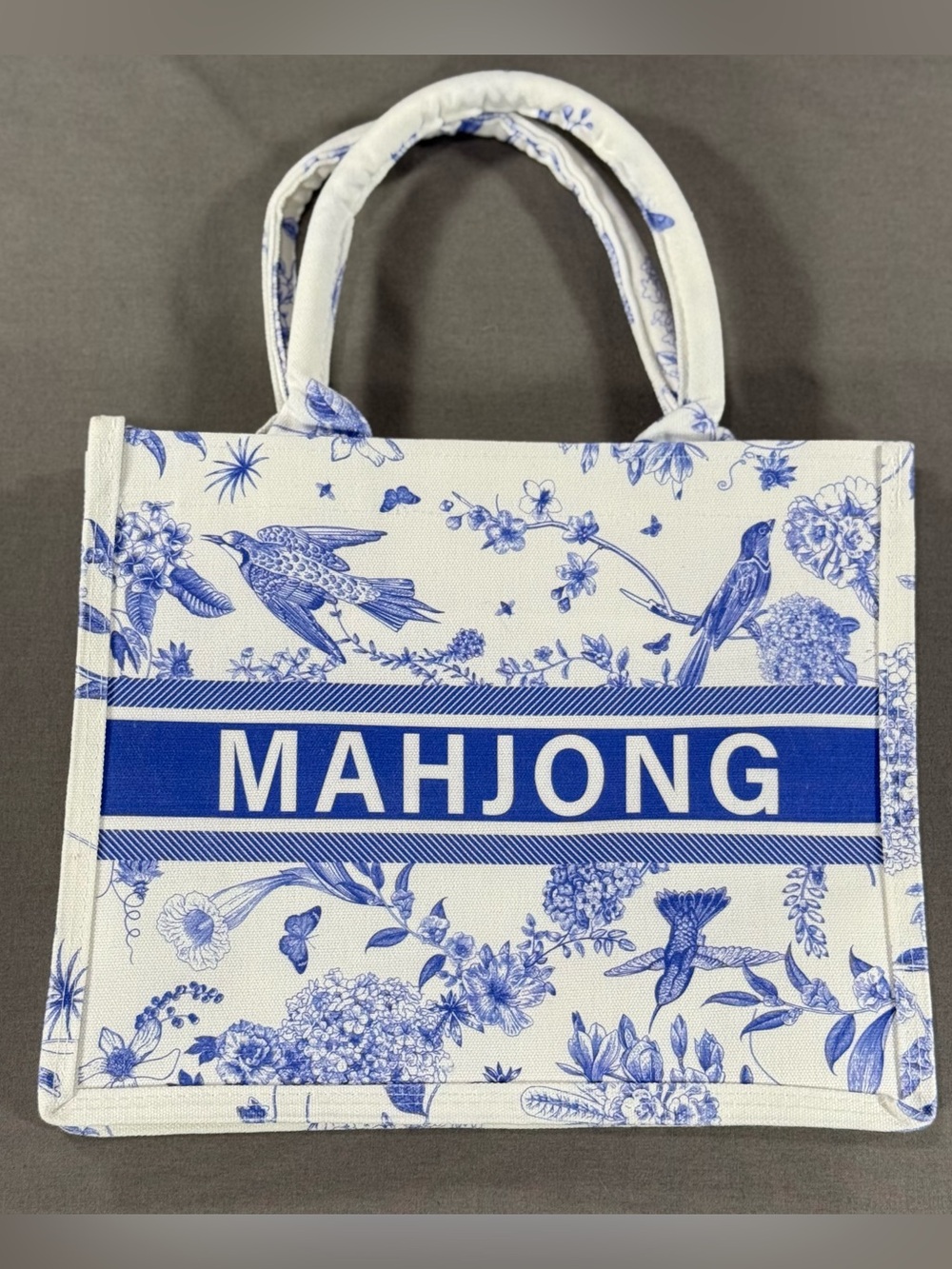 MAHJONG Blue & White Floral Canvas Tote